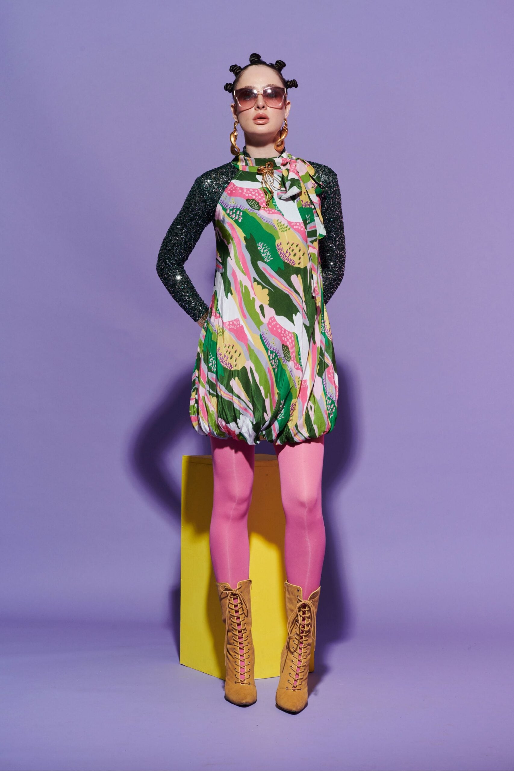 Bubble Hem Scenery Dress with Sequin Glove Crop Top image 0