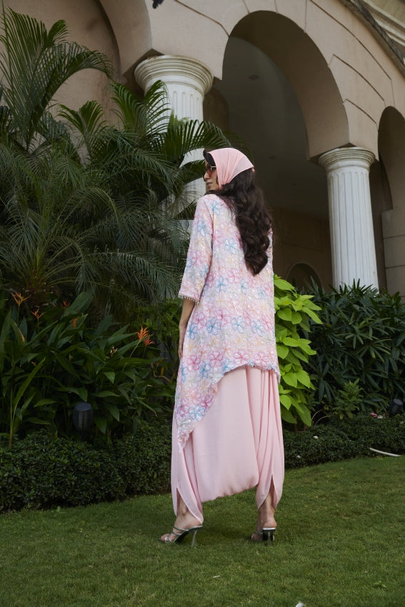 Pink Embroidered Flower Kurta & Dhoti Set – Modern Elegance in Bloom image 1