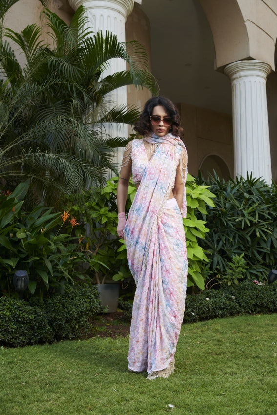 Pink Embroidered Flower Saree & Blouse – A Romantic Bloom in Motion image 0