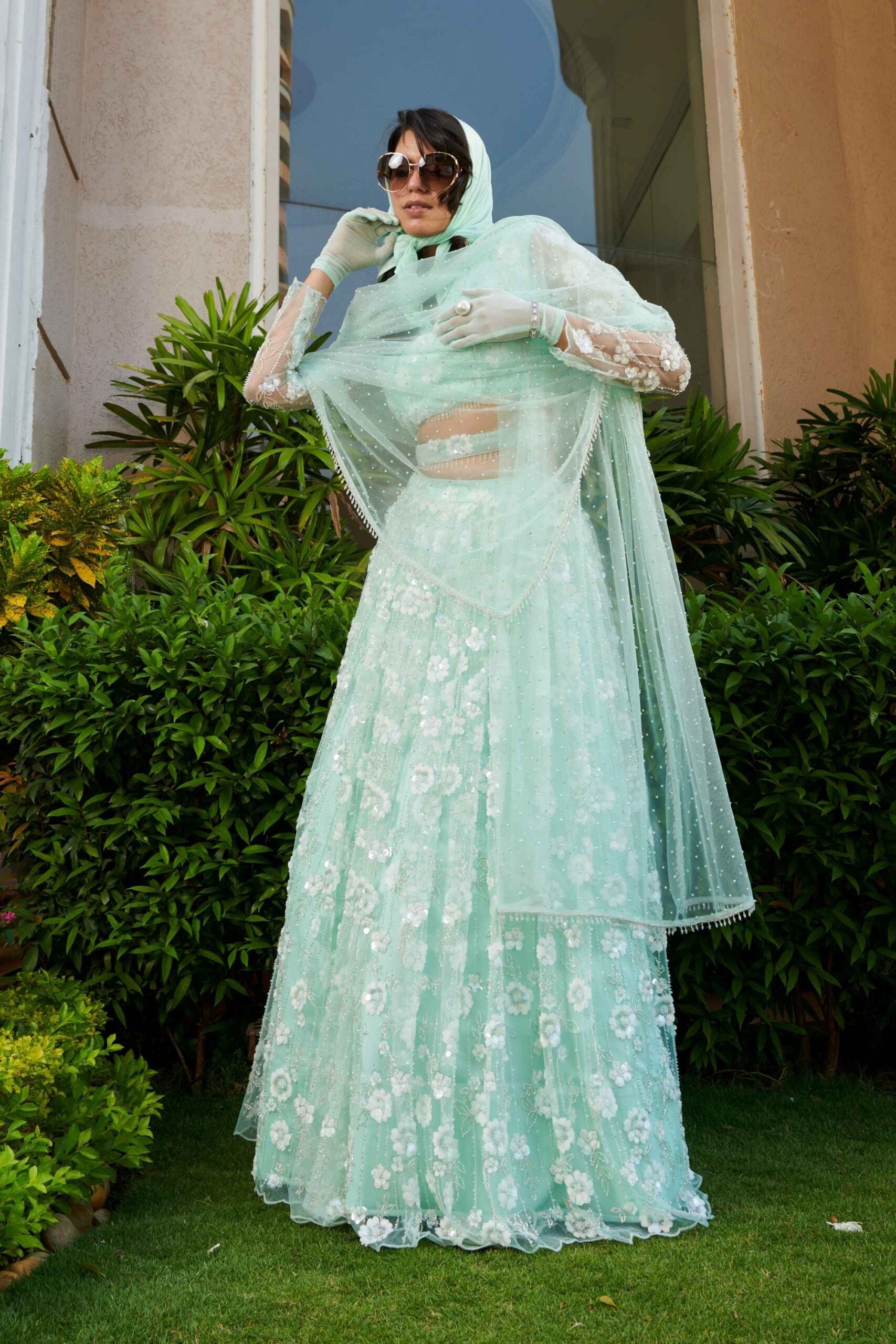 Mint Embroidered Blouse, Lehenga & Skirt Set image 0