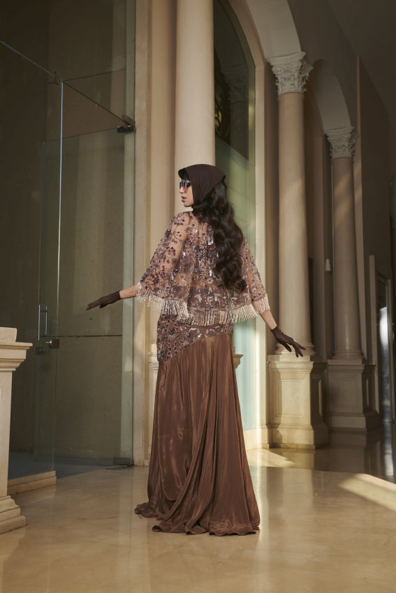 Brown Embroidered Slit Skirt, Corset & Net Cape – Sculpted Glamour in Earthy Elegance image 1