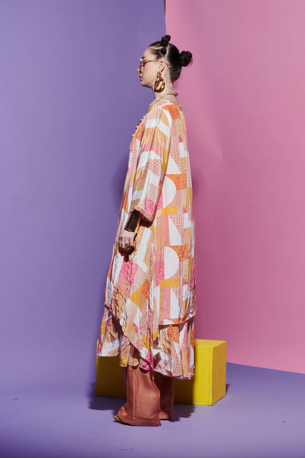 Double-Layered Anarkali Kurta in Geometric Print with Straight Peach Pink Pants image 1