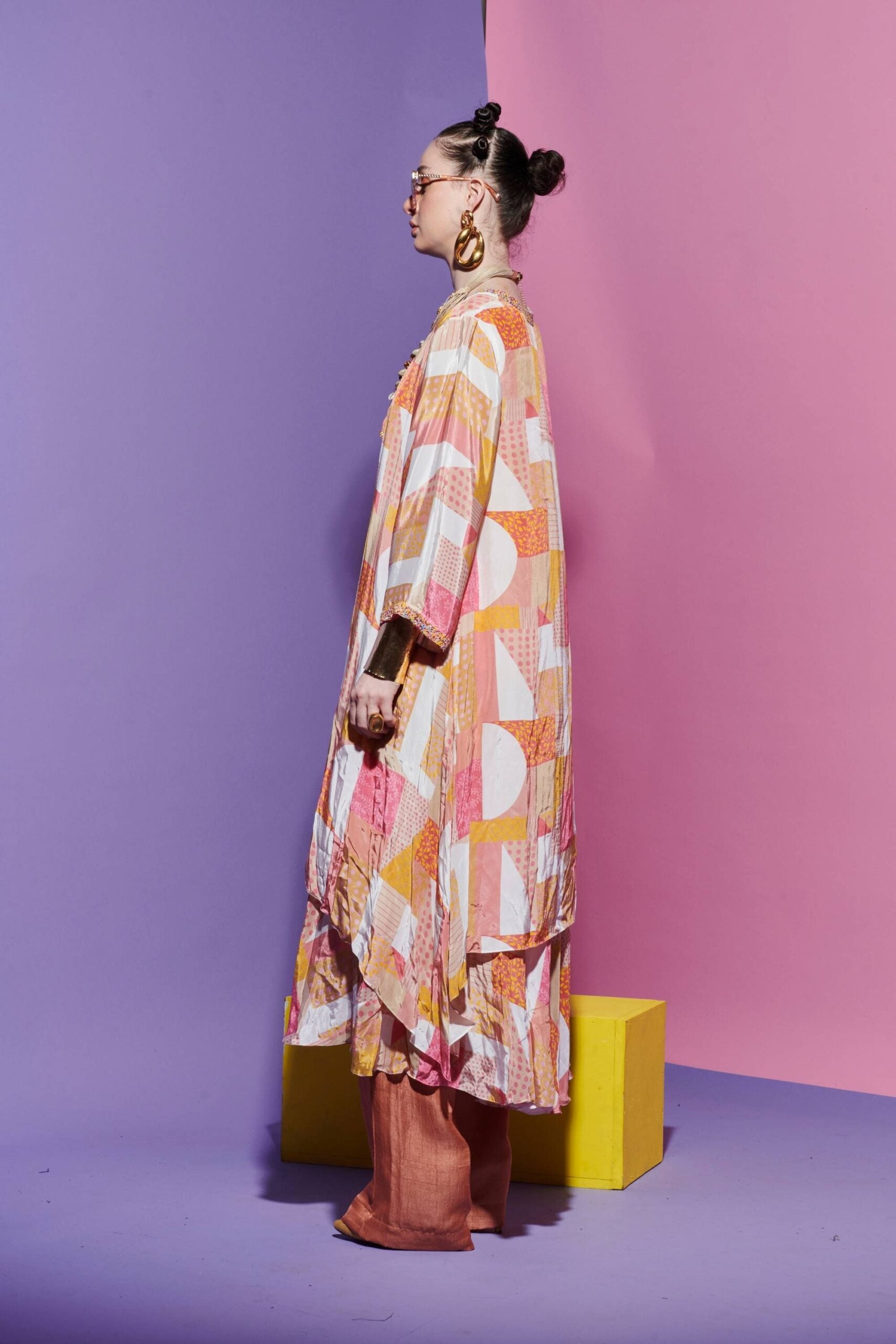 Double-Layered Anarkali Kurta in Geometric Print with Straight Peach Pink Pants image 1