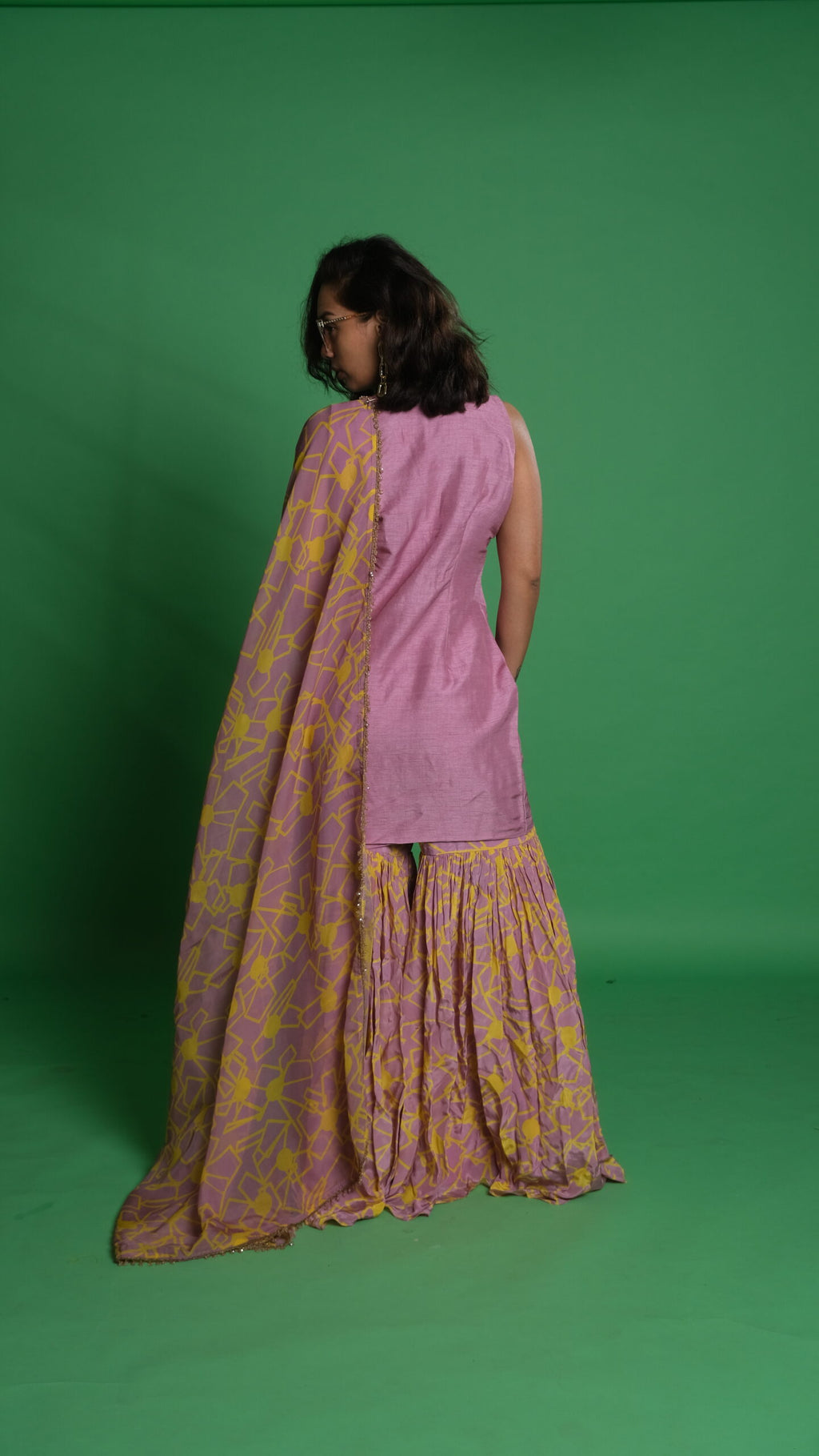 Fan Print Sharara Set with Lavender Kurta & Dupatta image 1