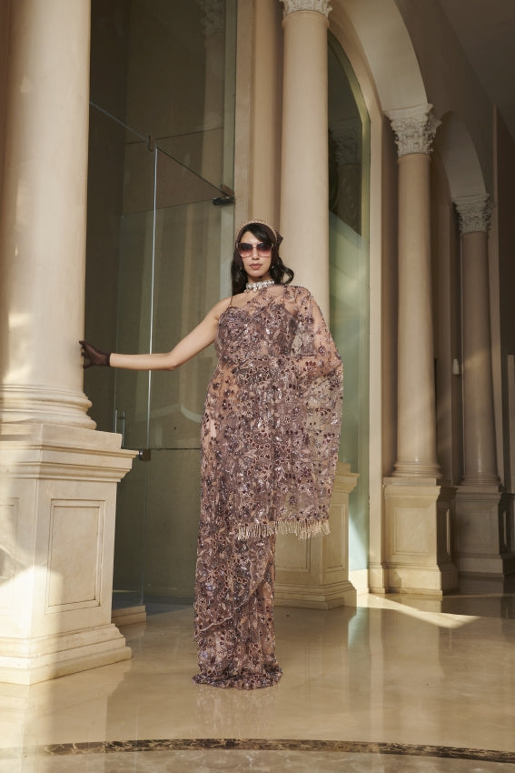 Brown Net Saree & Blouse – Sheer Grace in Earthy Tones image 0