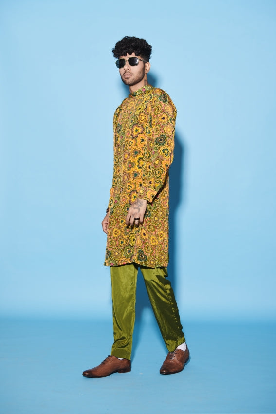 Men’s Pinwheel Kurta Set in Yellow with Green Pants image 0