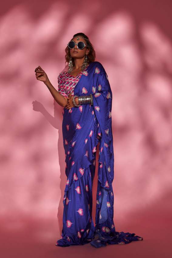 lotus print purple saree image 0