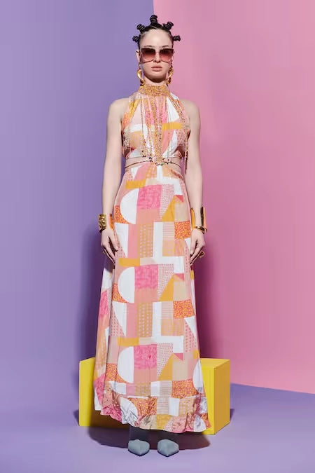 Beaded Halter Dress in Geometric Print image 0