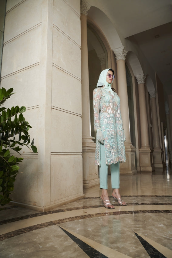 Blue Motif Kurta, Bralette & Pant Set – Understated Glamour Meets Modern Structure image 2