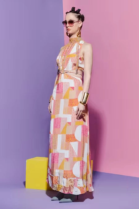 Beaded Halter Dress in Geometric Print image 1