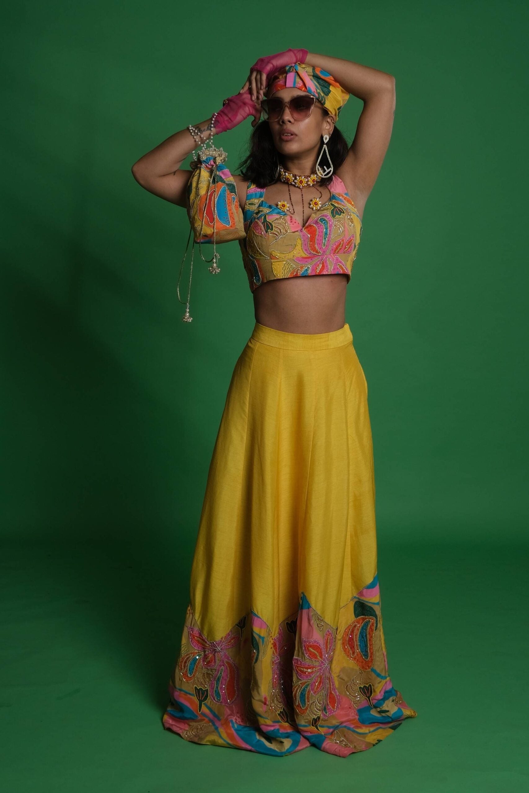 Yellow Lehenga Set with Croissant Embroidered Blouse & Potli image 0