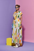 Pleated Dress in Square Print with Belt and Embroidered Collar image 0
