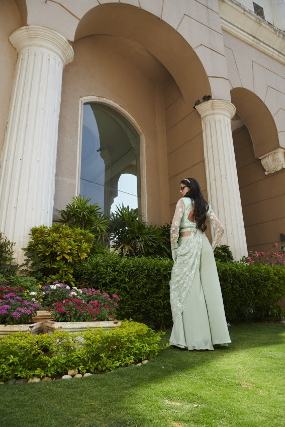Mint Embroidered Slit Skirt , Bralette And Cape image 1
