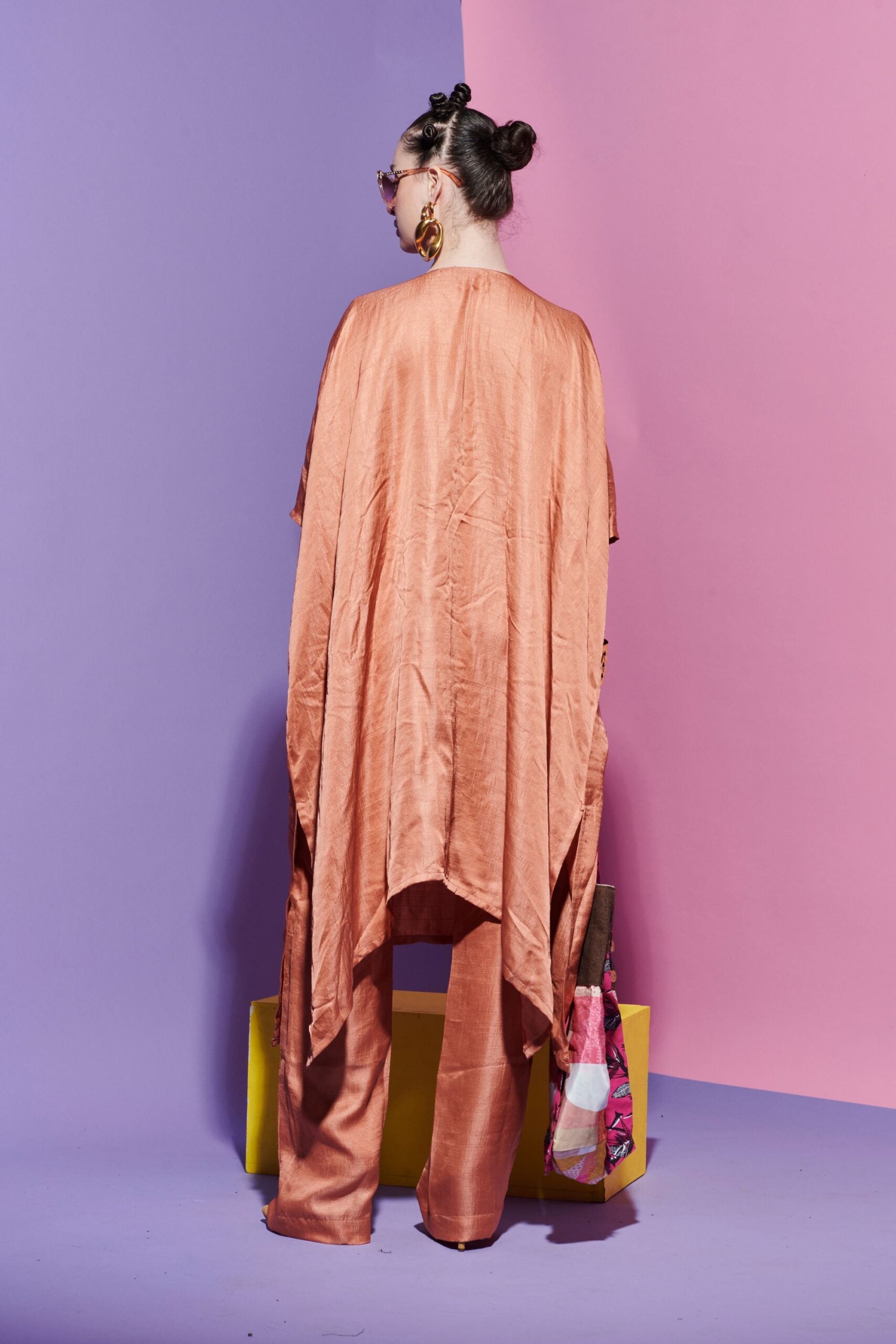 Peach Pink Kurta with Geometric Embroidered Yoke + Straight Pants image 2