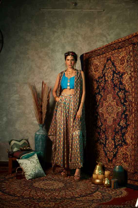 Geometric Print Embroidered Dress in Linen Satin image 0