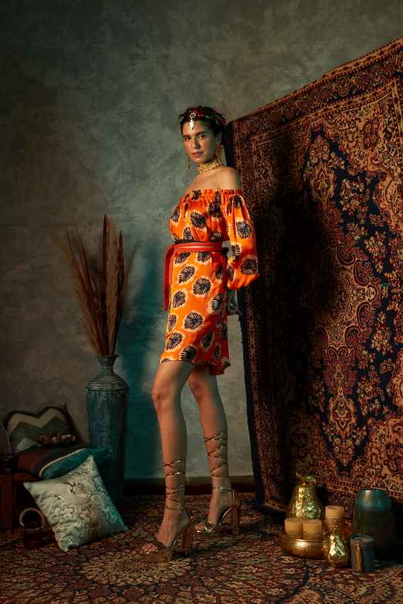 Orange Blotch Off-Shoulder Short Dress image 1