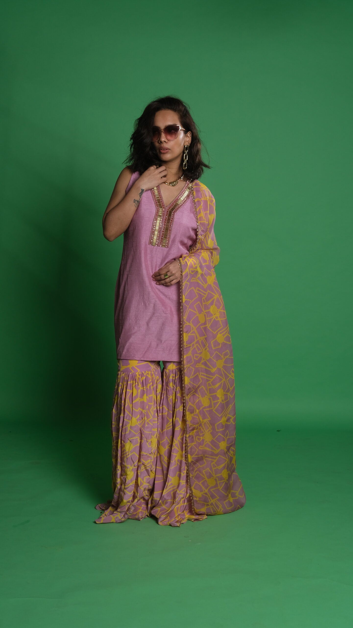 Fan Print Sharara Set with Lavender Kurta & Dupatta image 0