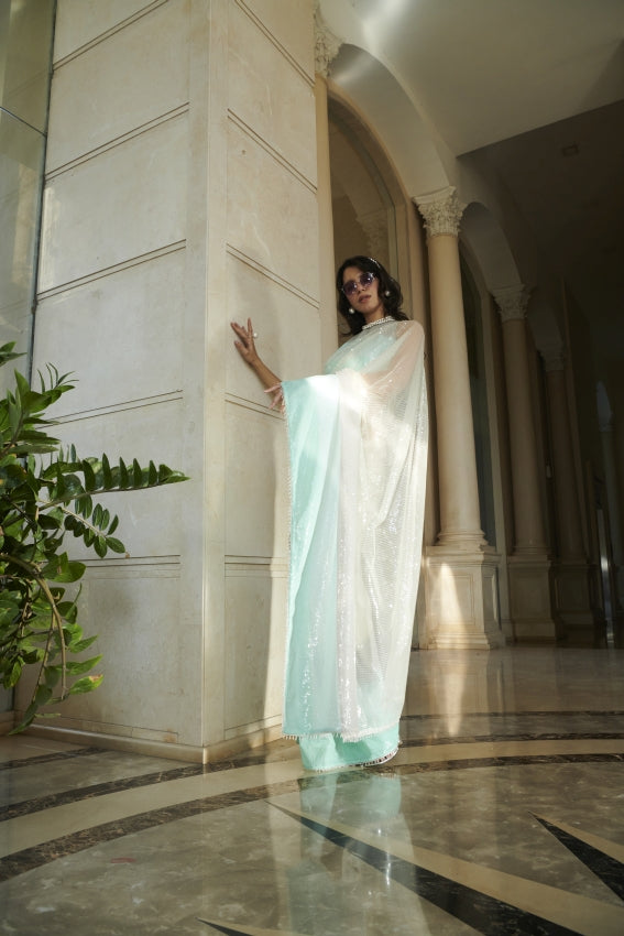 White Sequins Saree & Blouse – Minimal Glamour in Monochrome image 0