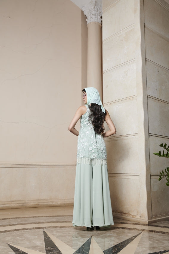 Mint Embroidered Net Dress & Georgette Pant image 2