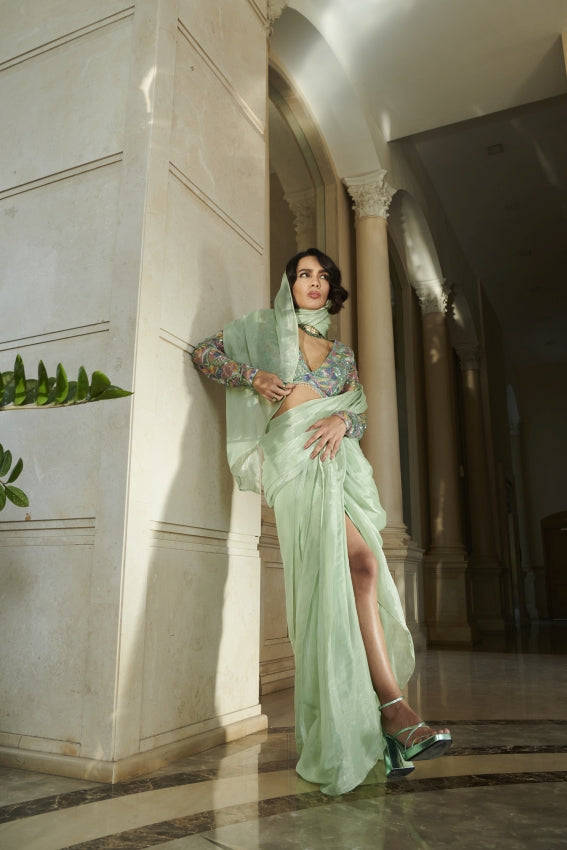 Mint Pre-Draped Saree & Blouse – Effortless Draping with Contemporary Grace image 0