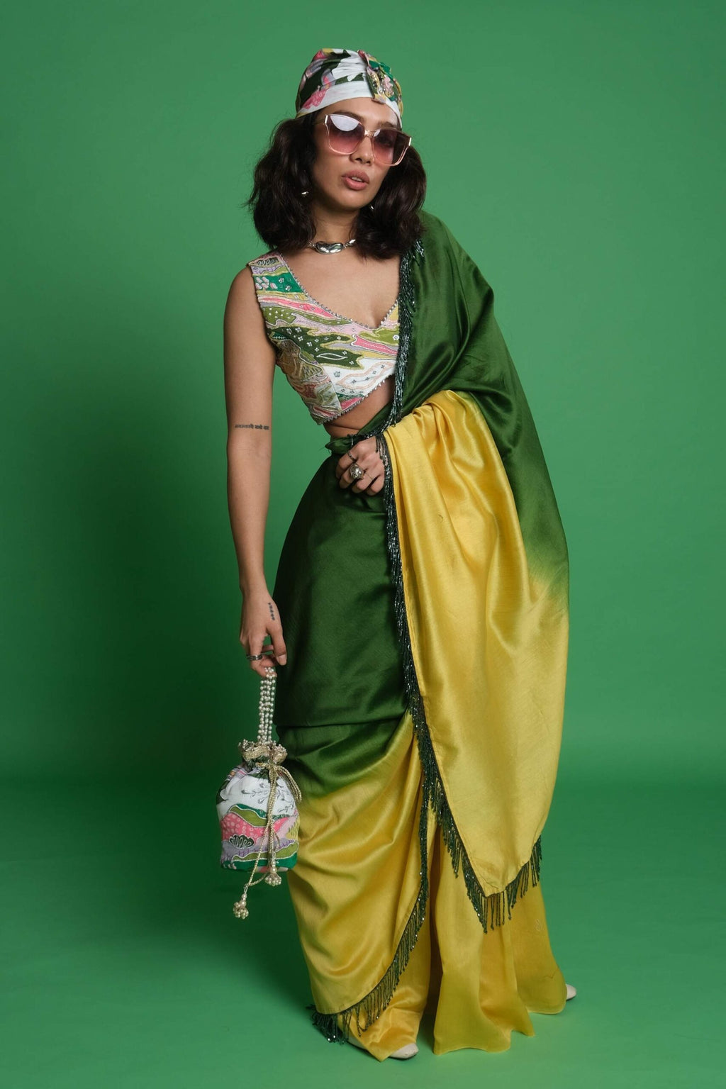 Ombre Saree with Scenery Embroidered Blouse & Matching Potli Bag image 1