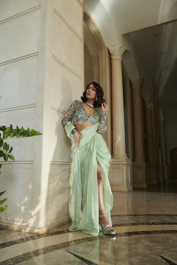 Mint Pre-Draped Saree & Blouse – Effortless Draping with Contemporary Grace image 2