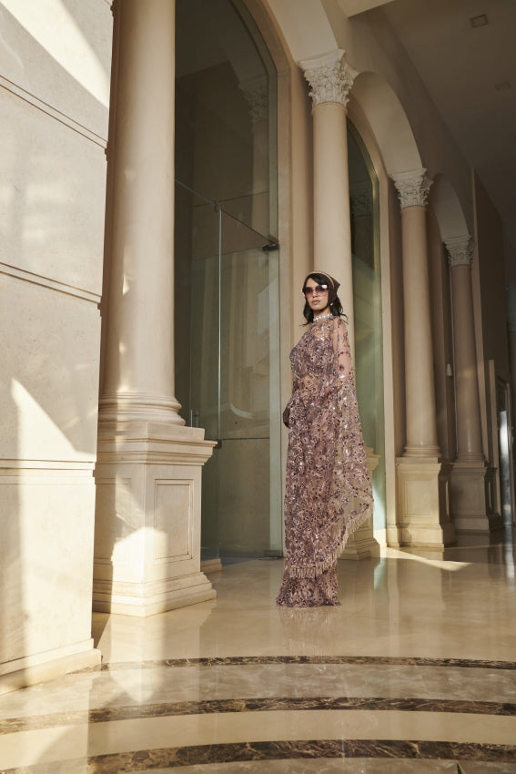 Brown Net Saree & Blouse – Sheer Grace in Earthy Tones image 2