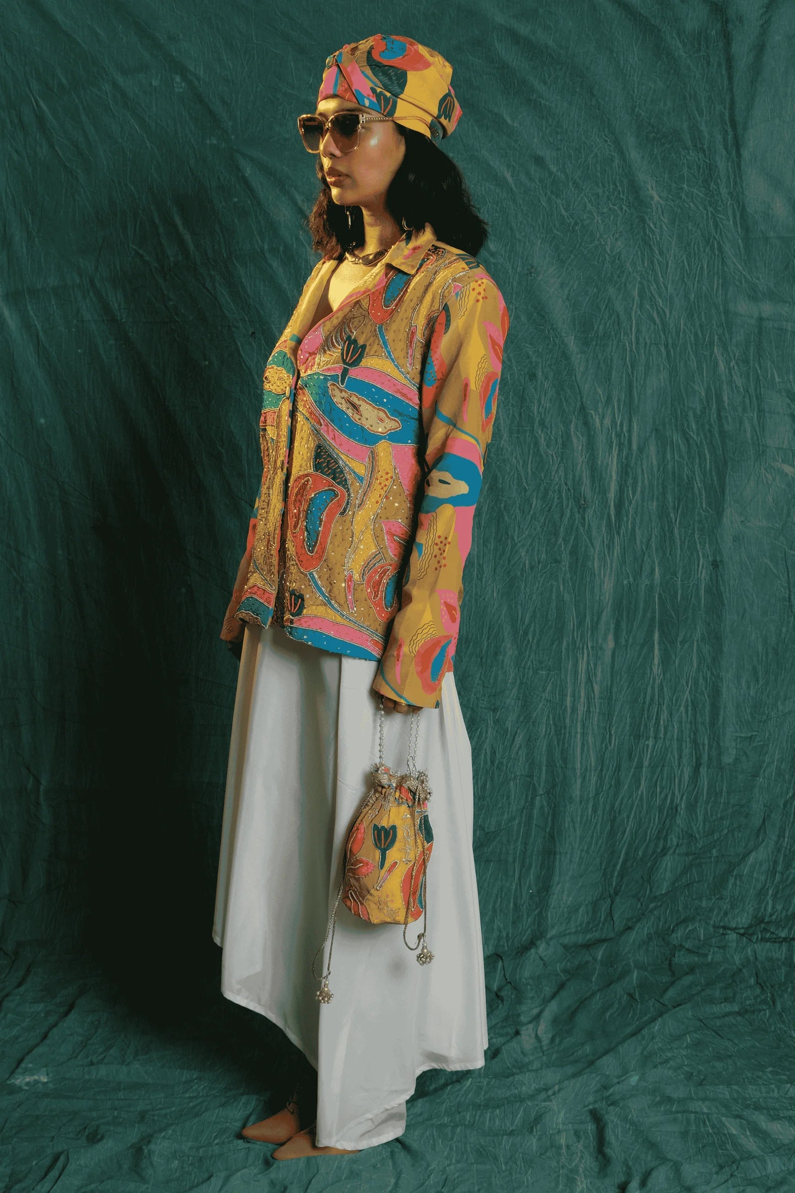 Croissant Print Embroidered Blazer & Cowl Skirt Set image 1