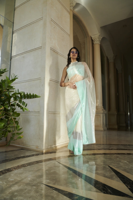 White Sequins Saree & Blouse – Minimal Glamour in Monochrome image 1