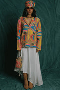 Croissant Print Embroidered Blazer & Cowl Skirt Set image 0