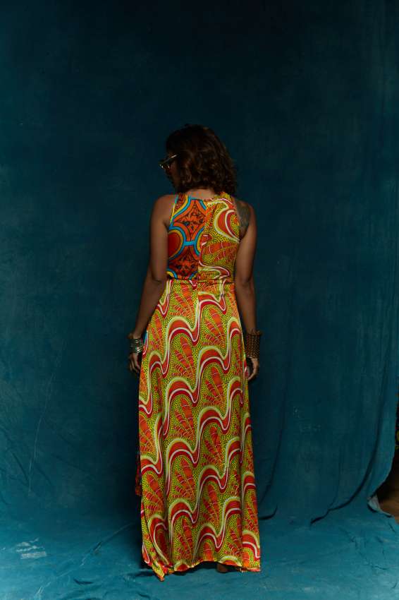 cut out waist knot big orange print dress image 1