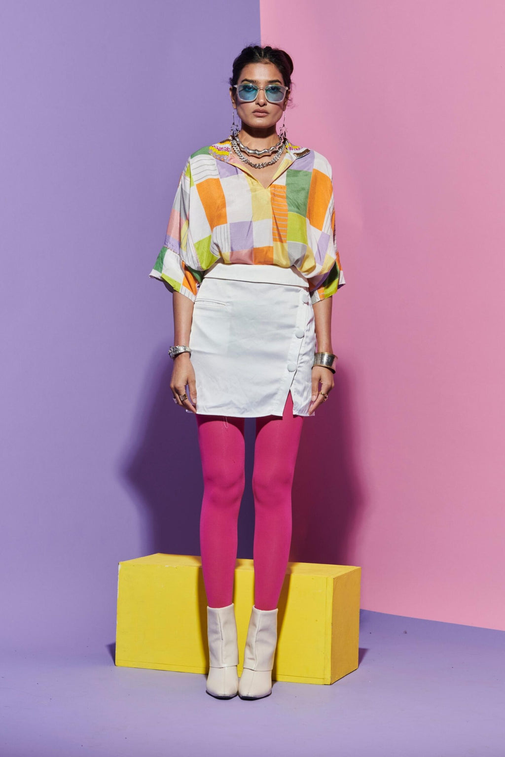 Embroidered Collar Square Print Top image 0