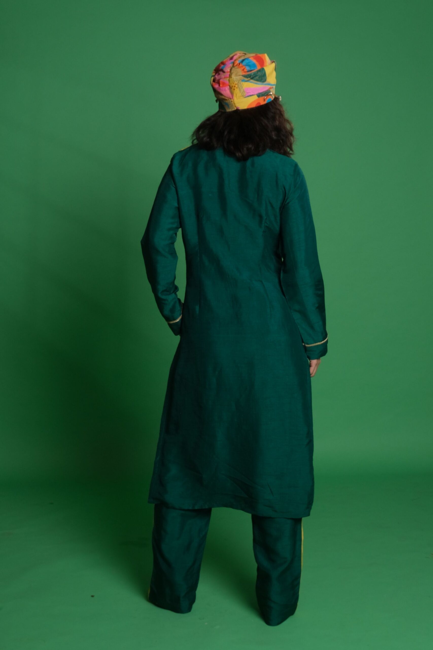 Green Croissant Print Kurta Set with Palazzo and Matching Turban image 1