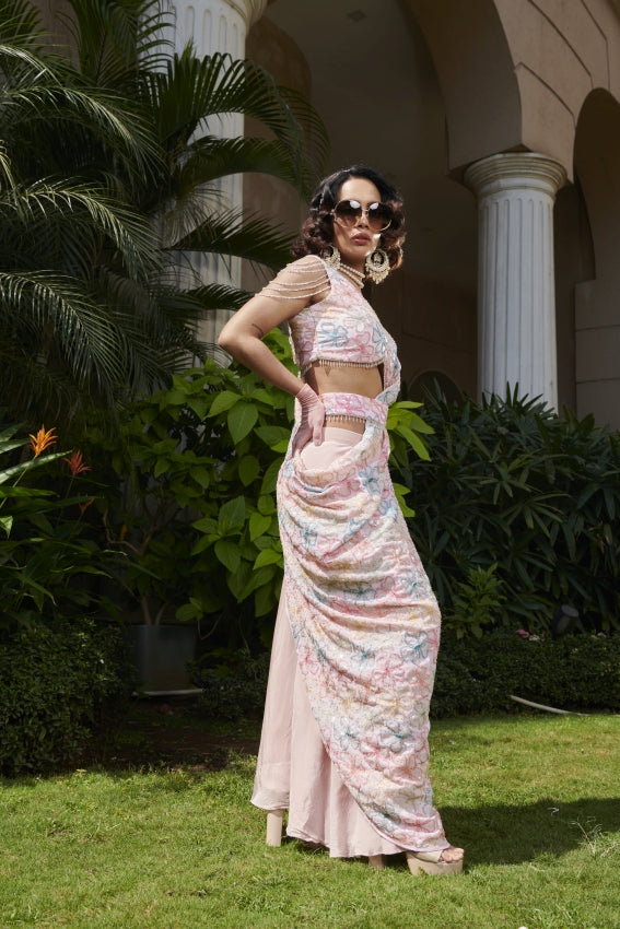 Pink Embroidered Flower Blouse with Georgette Pants & Side Cape image 2