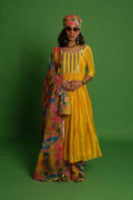 Yellow Embroidered Anarkali with Croissant Print Dupatta & Palazzo image 0