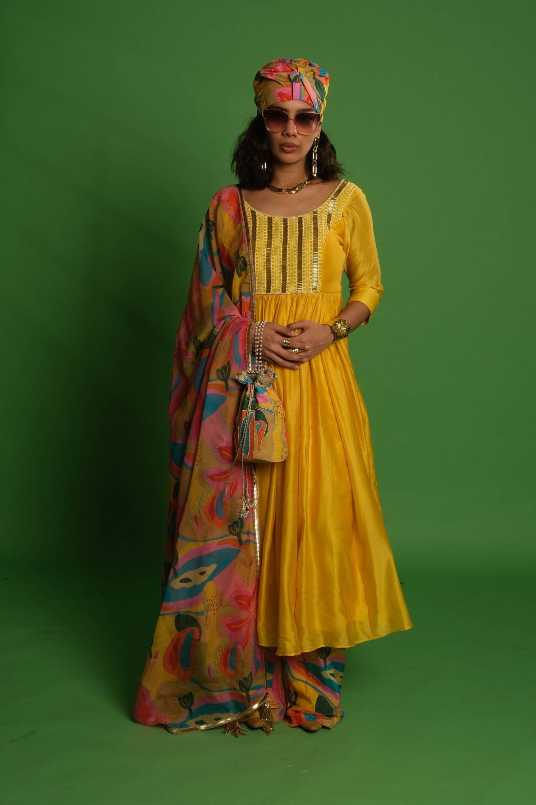 Yellow Embroidered Anarkali with Croissant Print Dupatta & Palazzo image 0
