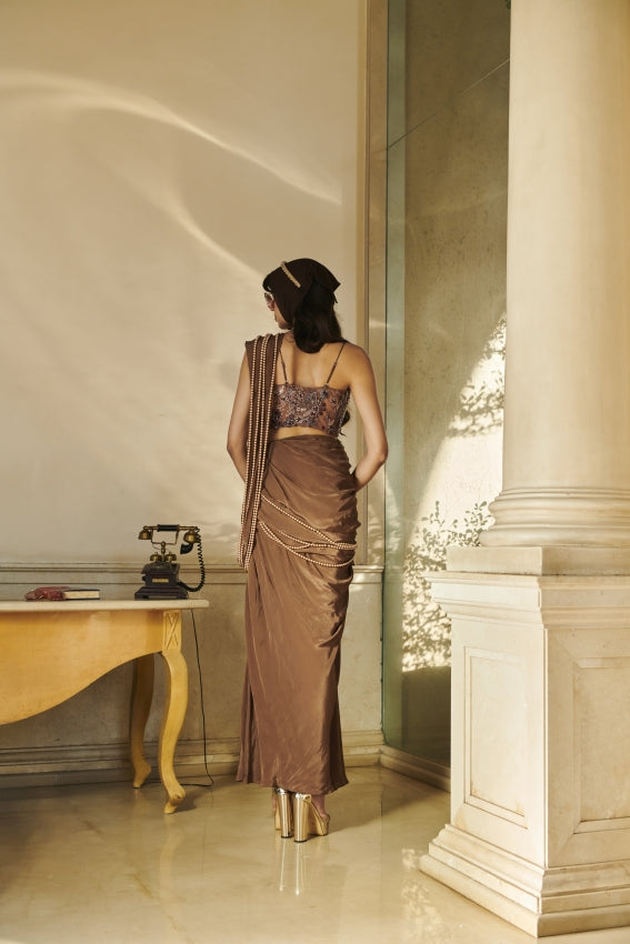 Brown Pre-Draped Pearl Saree & Corset – Luxe Fluidity with a Sculpted Edge image 2