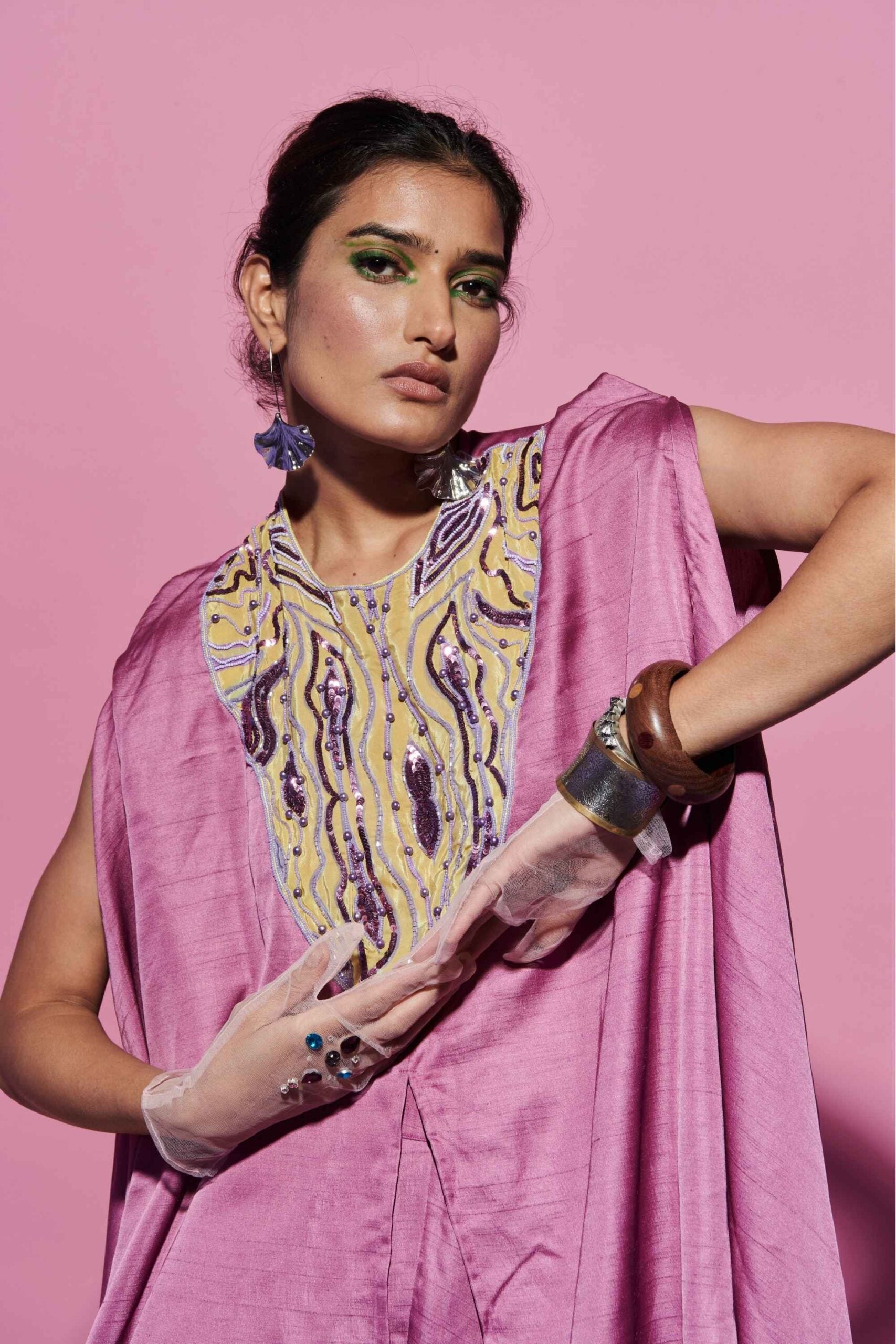 Lavender Kurta Set with Embroidered Yoke in Amoeba Print + Palazzo Pants image 2