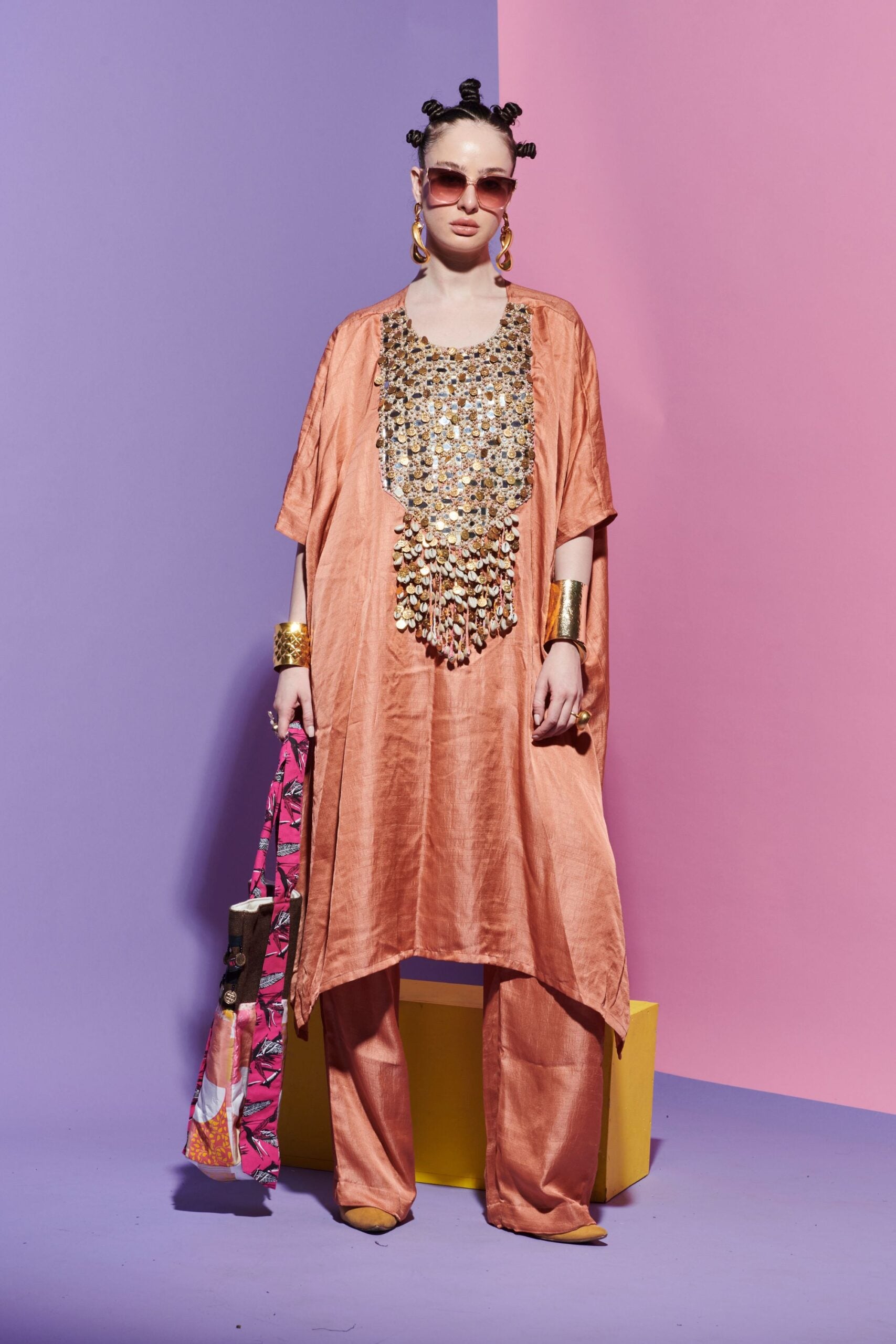 Peach Pink Kurta with Geometric Embroidered Yoke + Straight Pants image 0