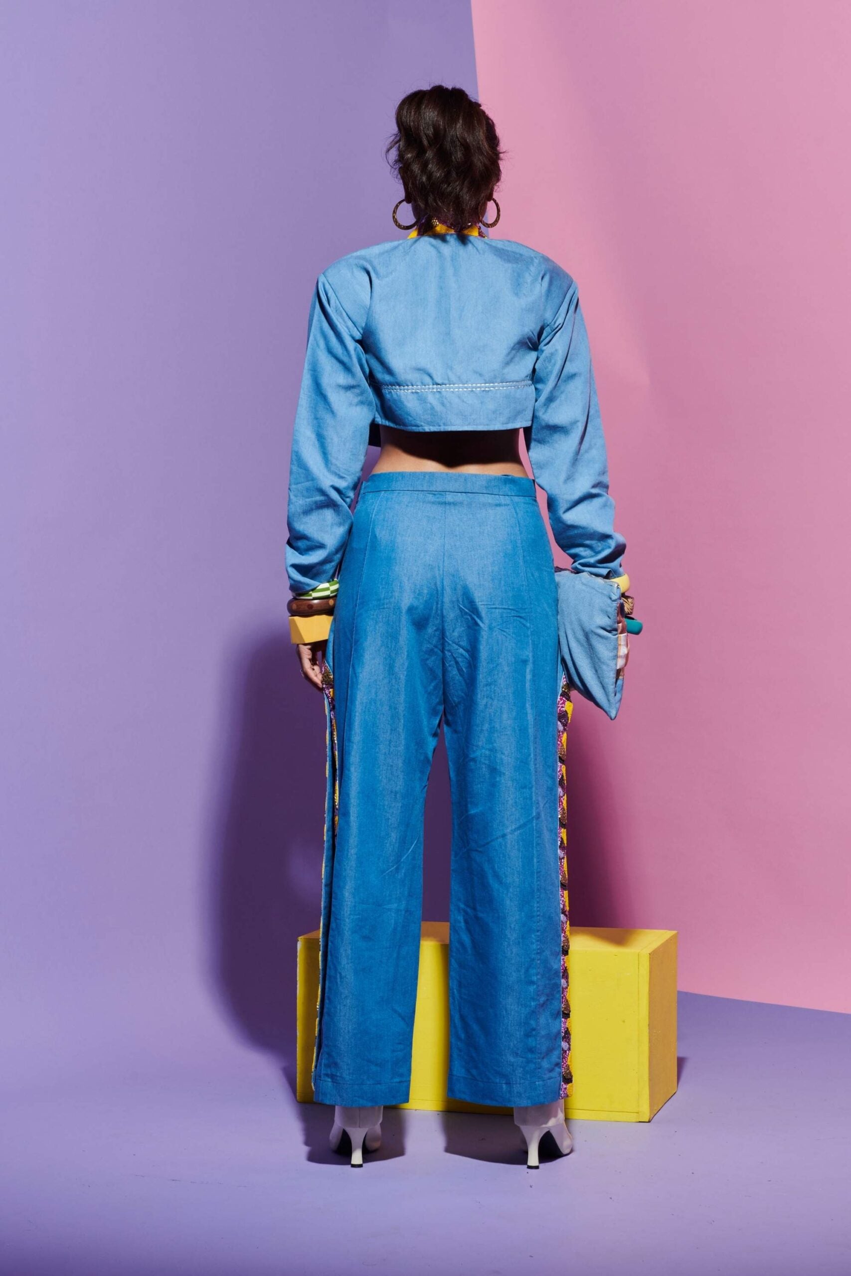 Embroidered Denim Jacket, Pants & Tube Bralette Set image 2