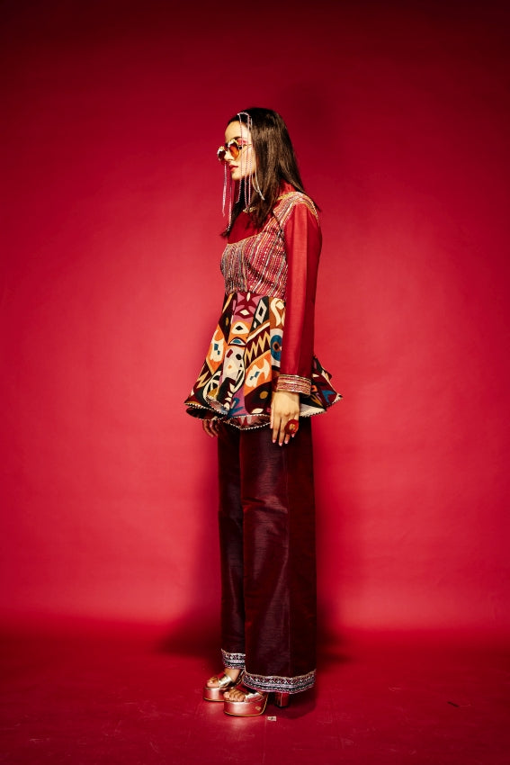 Raw Silk Maroon Pant Embroidered Hem image 2