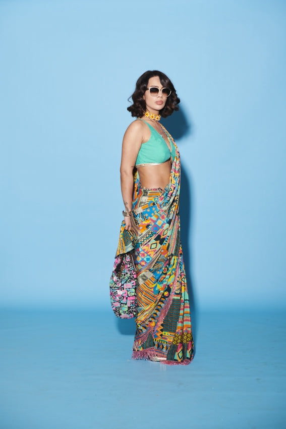 Aztec Printed Saree with Blue Sleeveless Blouse image 1