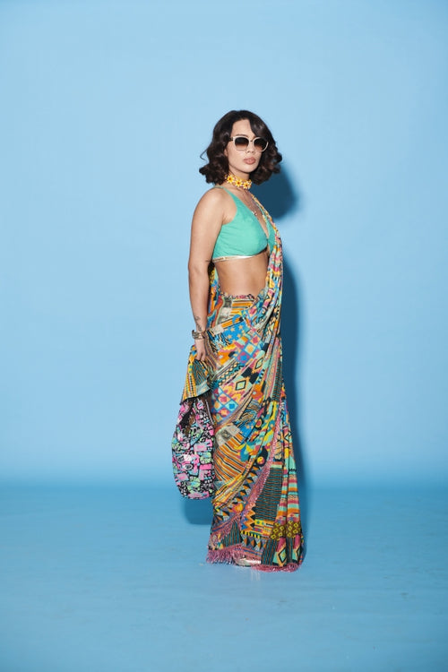 Aztec Printed Saree with Blue Sleeveless Blouse image 1