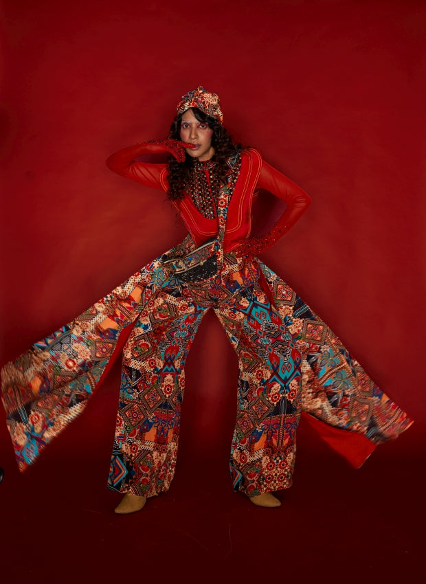 Red Bodysuit with Layered Shirt & Panelled Floral Pants image 0