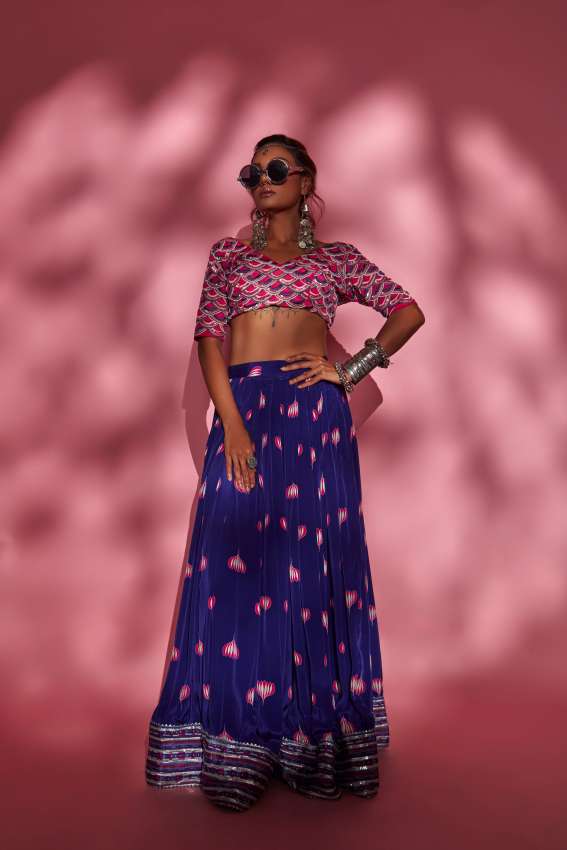Purple lotus print lehenga image 0