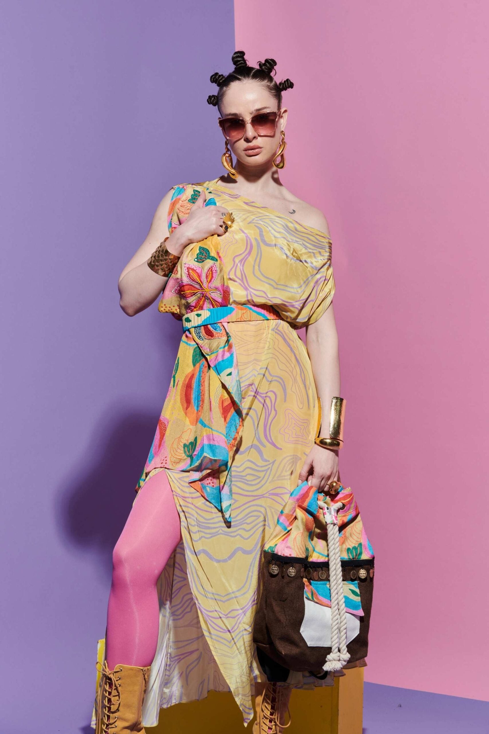 Embroidered Lapel Scarf Dress in Amoeba and Croissant Print image 0