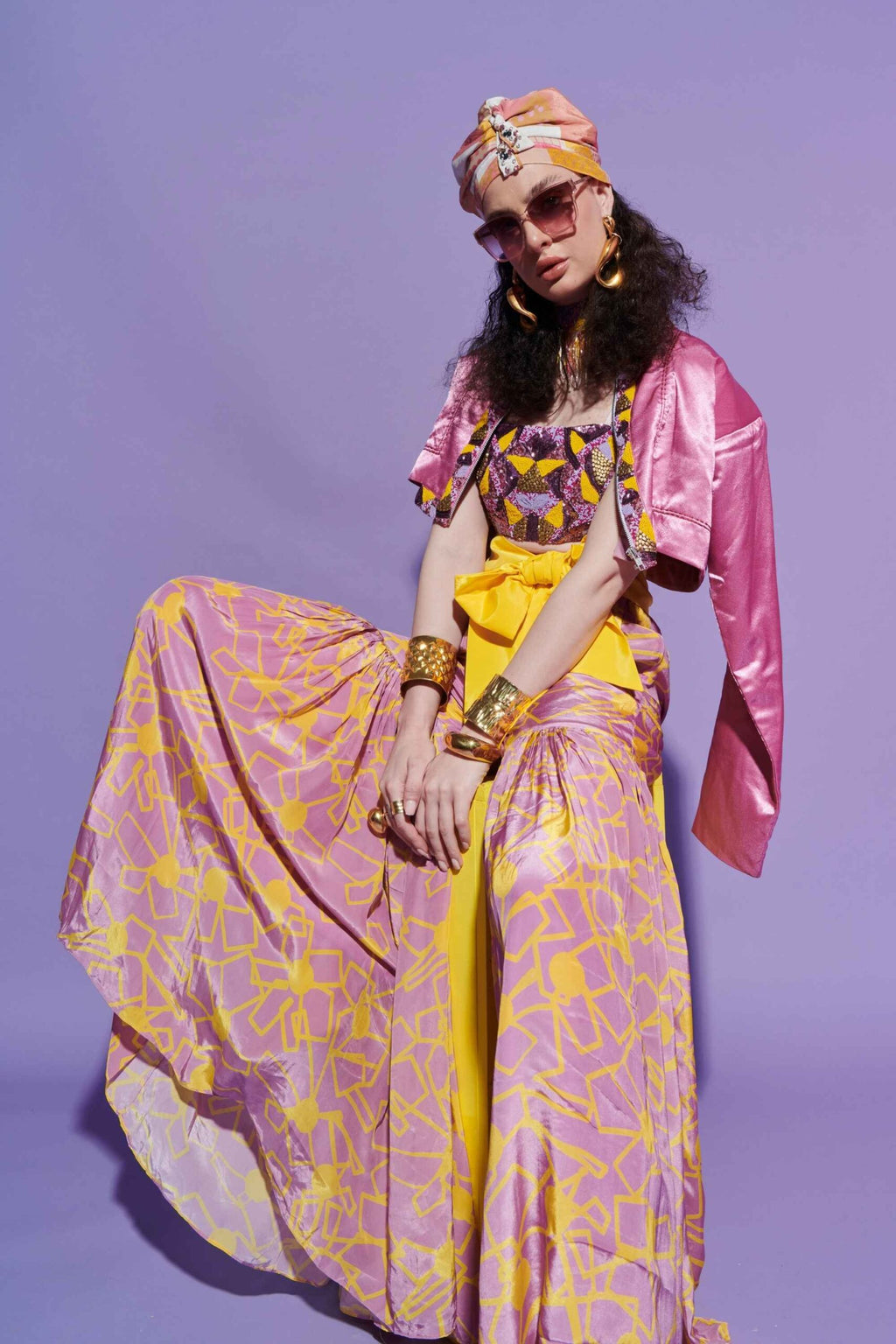 Fan Print Asymmetric Turtleneck Shirt & Sharara Pants Set image 1