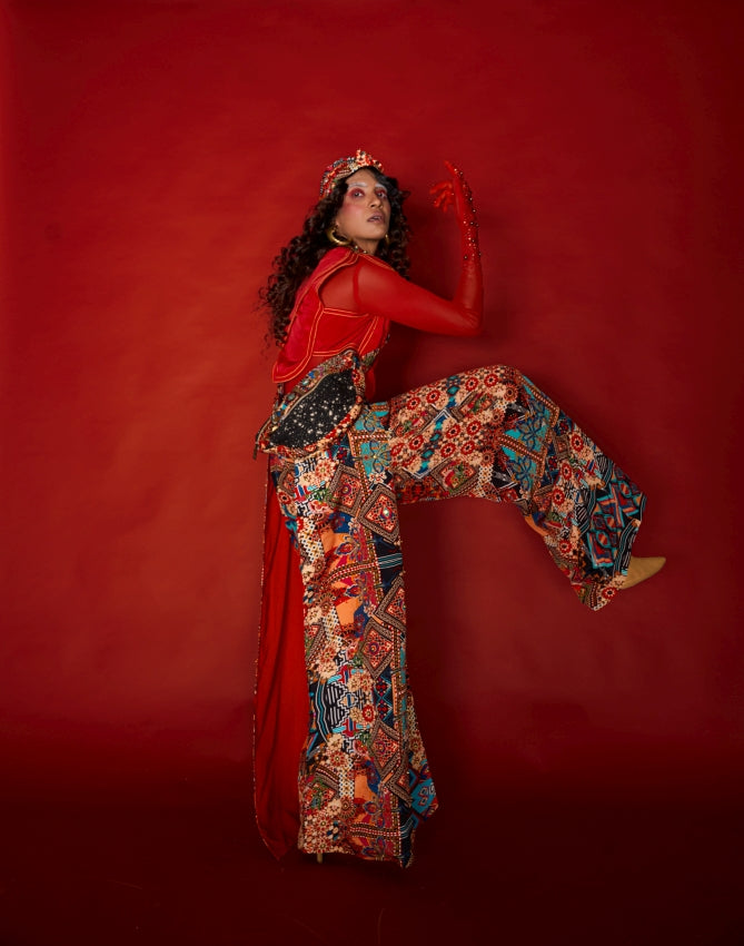 Red Bodysuit with Layered Shirt & Panelled Floral Pants image 2
