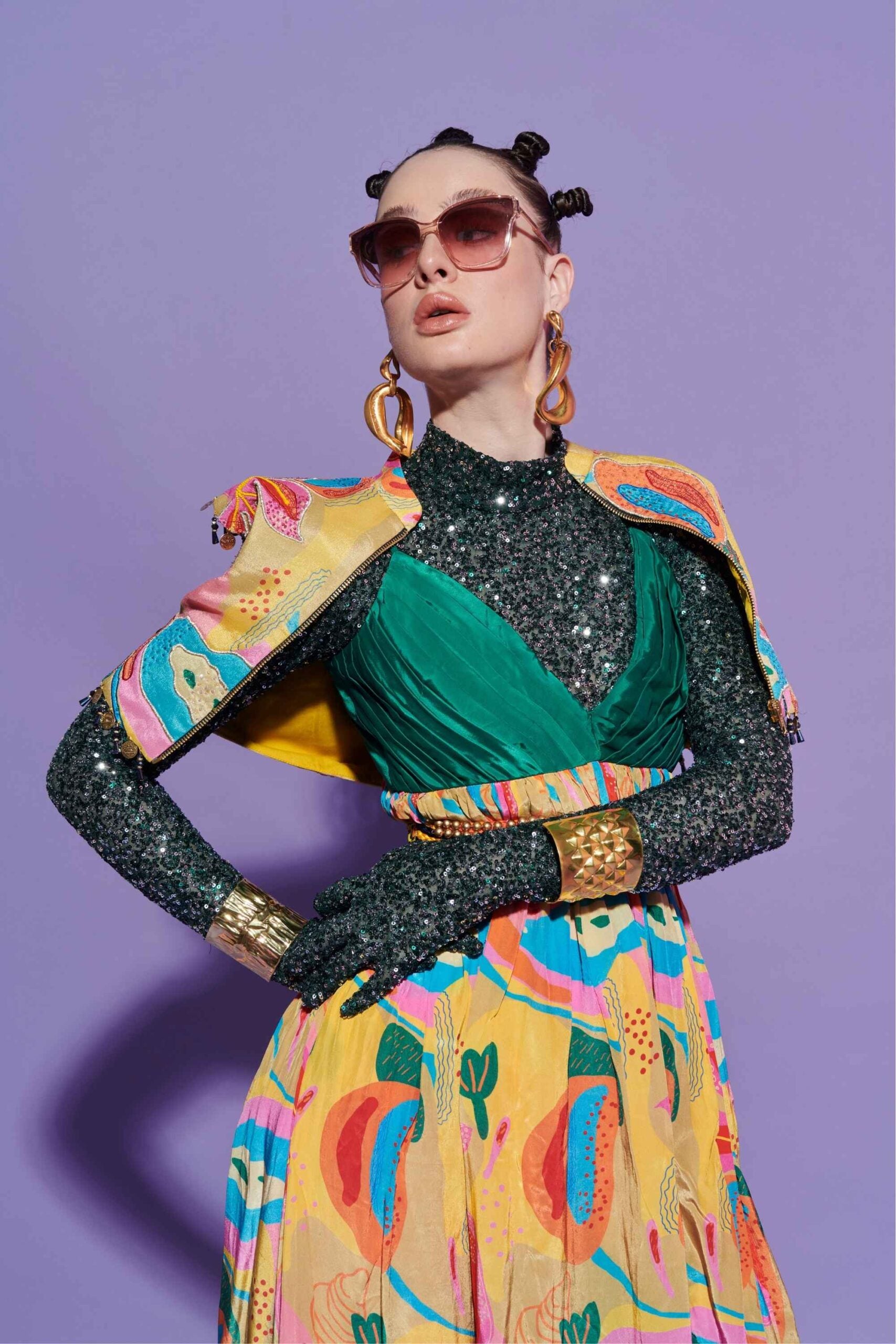 Croissant Print Dress, Quilted Jacket & Sequin Glove Top Set image 2