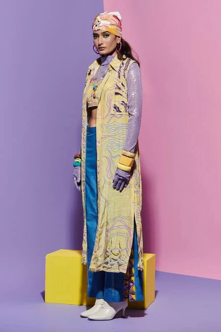 Amoeba Print Shirt & Bralette with Embroidered Denim Pants image 2